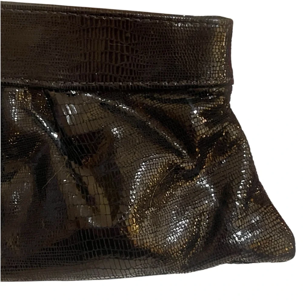 Lauren Merkin Black Shiny Faux Snakeskin Embossed Eve Leather Evening Clutch Bag